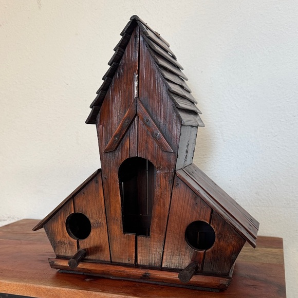 Handmade Rustic Stained Wooden Birdhouse With Tray Three Hole - Picture 13 of 13